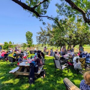 Journée mondiale du tricot 2025, un rendez-vous à la ferme. Filage, tricot et mini-marché. Une journée ensoleillée, les gens sont installés aux tables ou circulent pour voir les kiosques.
